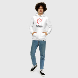 Толстовка с принтом Debian для мужчины, вид на модели спереди №3. Цвет основы: белый
