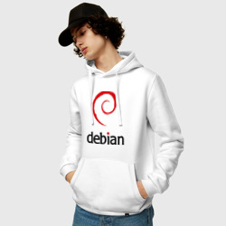 Толстовка с принтом Debian для мужчины, вид на модели спереди №2. Цвет основы: белый