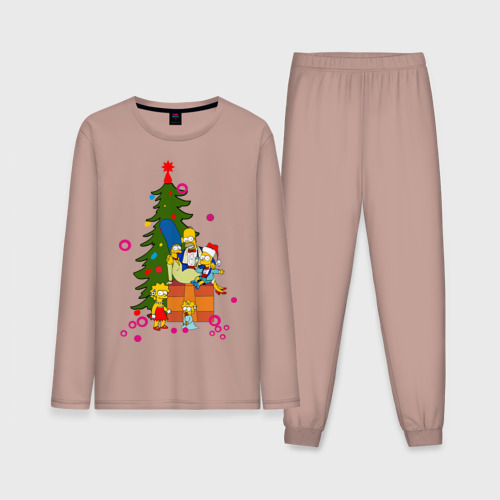 Мужская пижама с лонгсливом хлопок Новый год у симпсонов, цвет пыльно-розовый