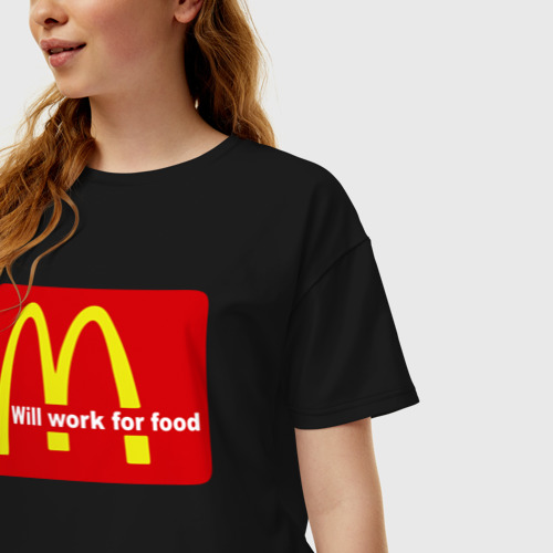 Женская футболка хлопок Oversize Will work for food, цвет черный - фото 3