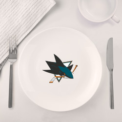 Набор: тарелка кружка с принтом San Jose Sharks для любого человека, вид спереди №4. Цвет основы: белый