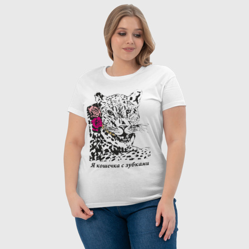 Женская футболка хлопок Кошечка с зубками, цвет белый - фото 6
