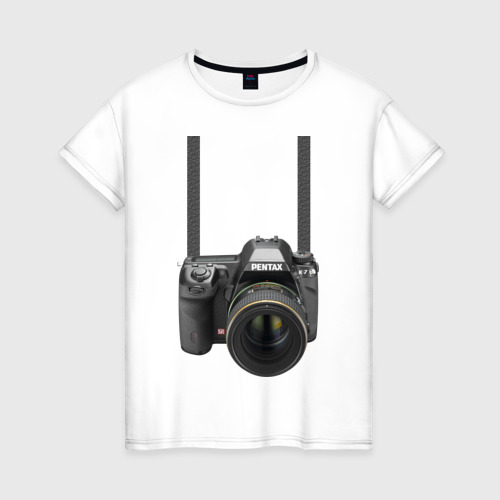 Женская футболка хлопок Фотоаппарат на шее, цвет белый