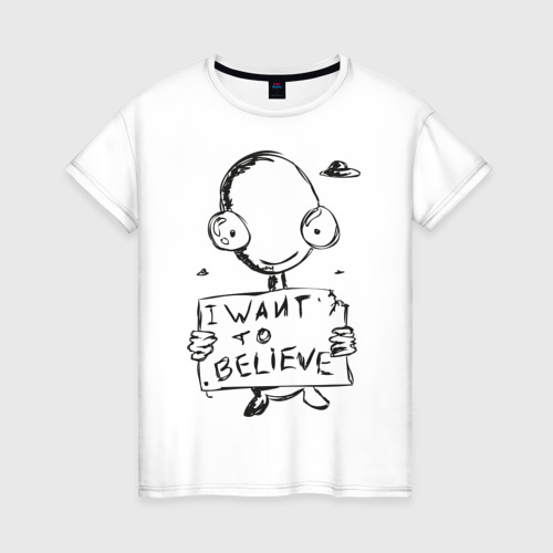 Женская футболка из хлопка с принтом I want to believe, вид спереди №1