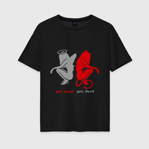 Женская футболка хлопок Oversize с принтом Наполовину ангел, наполовину дьявол, вид спереди #2