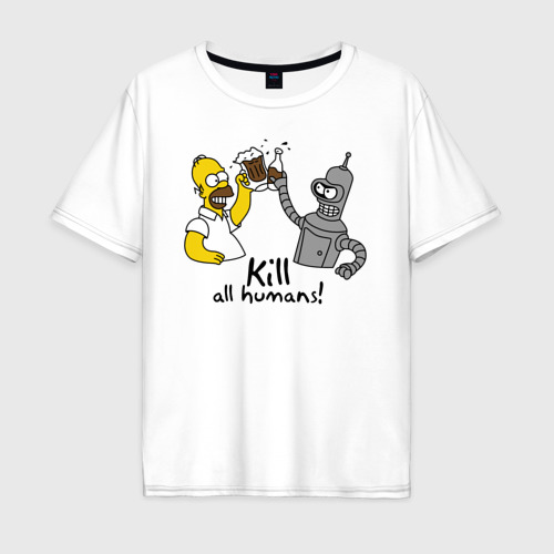 Мужская футболка хлопок Oversize с принтом Бендер пьет с Гомером, вид спереди #2