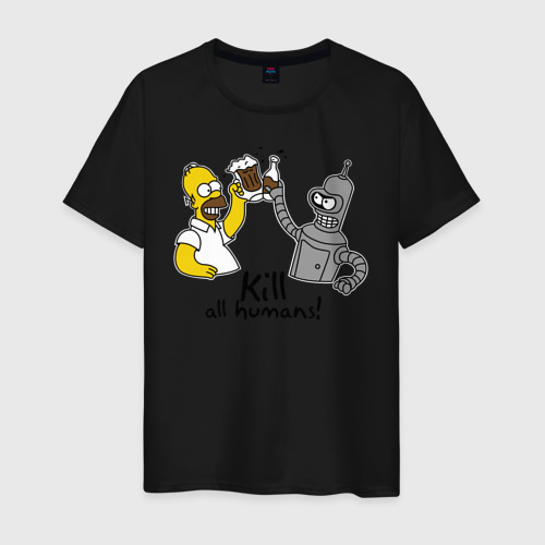 Мужская футболка хлопок Бендер пьет с Гомером, цвет черный