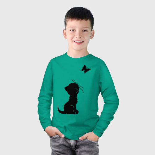Детский лонгслив хлопок Котенок и бабочка, цвет зеленый - фото 3