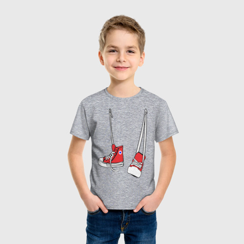 Детская футболка хлопок Кроссовки висят на шее, цвет меланж - фото 3