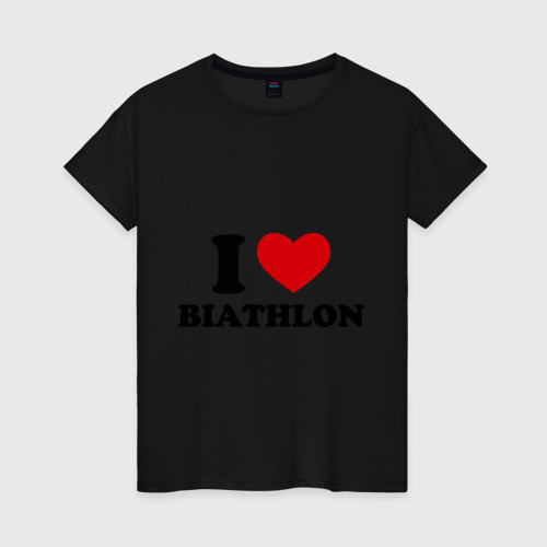 Женская футболка хлопок Я люблю Биатлон — I love Biathlon, цвет черный