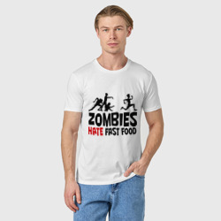 Футболка с принтом Zombies hate fast food для мужчины, вид на модели спереди №2. Цвет основы: белый