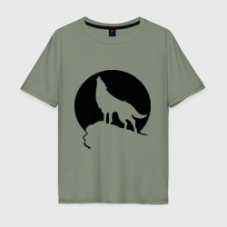 Мужская футболка хлопок Oversize Волк на фоне Луны