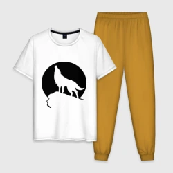 Мужская пижама с белой футболкой хлопок Волк на фоне Луны