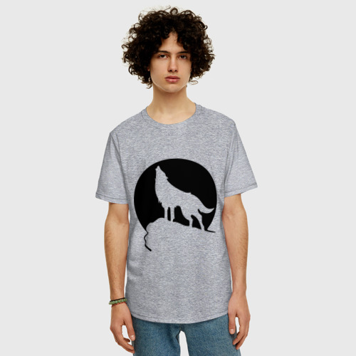 Мужская футболка хлопок Oversize Волк на фоне Луны, цвет меланж - фото 3
