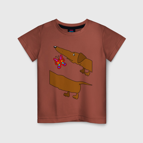 Детская футболка хлопок Такса и бабочка, цвет кирпичный