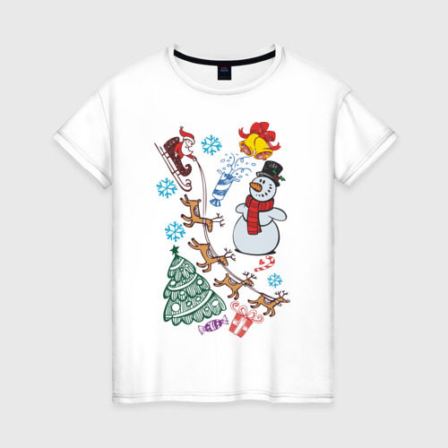 Женская футболка из хлопка с принтом Всё о Новом Годе, вид спереди №1