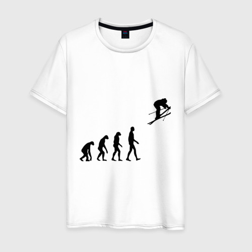 Мужская футболка из хлопка с принтом Эволюция лыжник, вид спереди №1