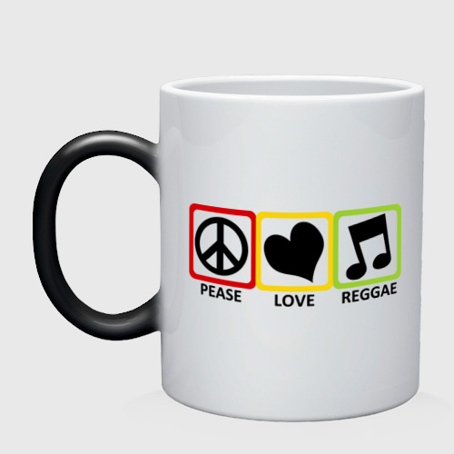 Кружка хамелеон Peace, Love, Reggae, цвет белый + черный