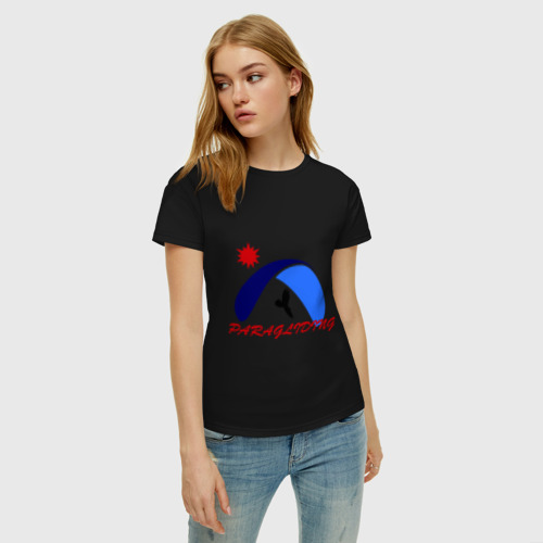 Женская футболка хлопок Парапланеризм, цвет черный - фото 3