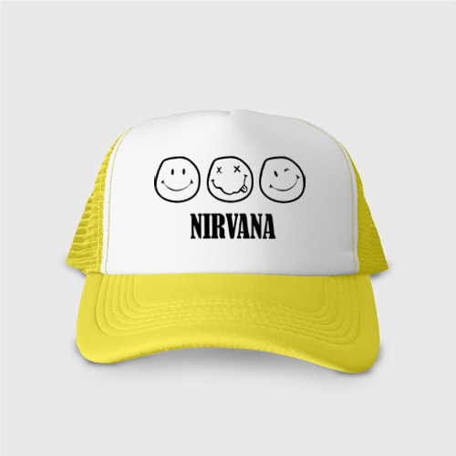 Кепка тракер с сеткой Nirvana logo - happy, dead, wink emoji, цвет желтый