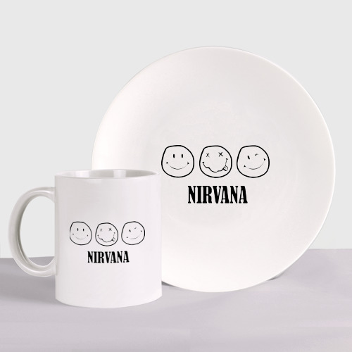 Набор: тарелка + кружка Nirvana logo - happy, dead, wink emoji