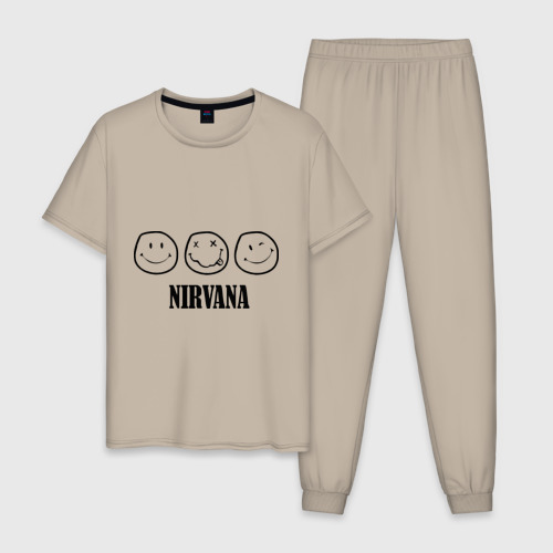 Мужская пижама хлопок Nirvana logo - happy, dead, wink emoji, цвет миндальный