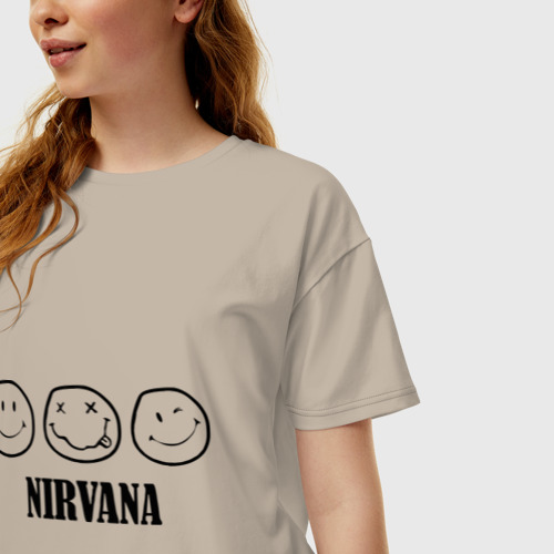 Женская футболка хлопок Oversize Nirvana logo - happy, dead, wink emoji, цвет миндальный - фото 3