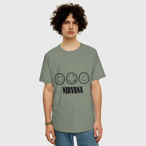 Мужская футболка хлопок Oversize Nirvana logo - happy, dead, wink emoji, цвет авокадо - фото 3