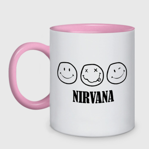 Кружка двухцветная Nirvana logo - happy, dead, wink emoji, цвет белый + розовый