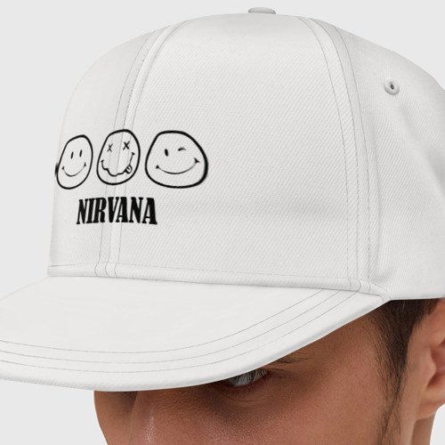 Кепка снепбек с прямым козырьком Nirvana logo - happy, dead, wink emoji, цвет белый