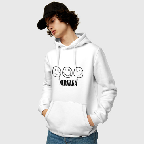 Мужская толстовка хлопок Nirvana logo - happy, dead, wink emoji, цвет белый - фото 3