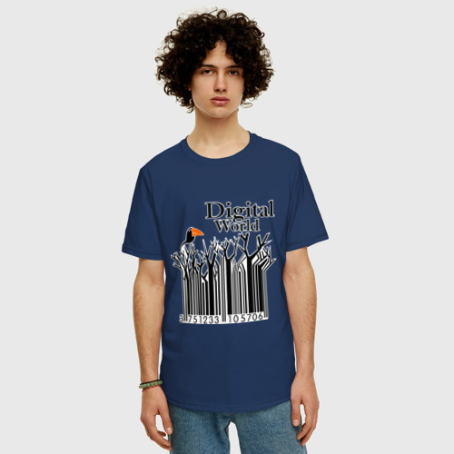 Мужская футболка хлопок Oversize Digital World, цвет темно-синий - фото 3