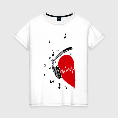 Женская футболка хлопок Сердце в наушниках на двоих, цвет белый