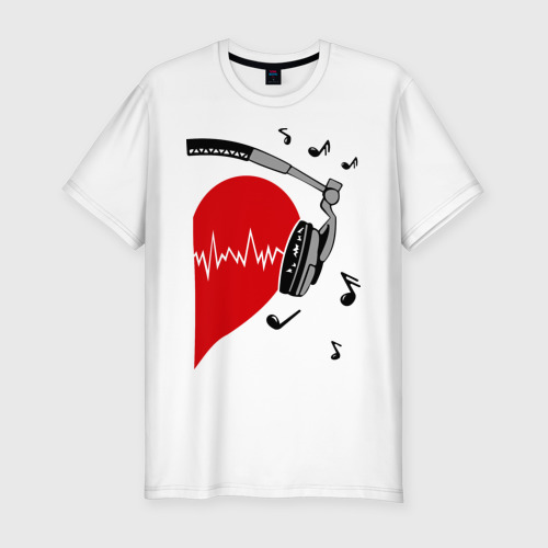 Мужская приталенная футболка из хлопка с принтом Сердце в наушниках на двоих 2, вид спереди №1