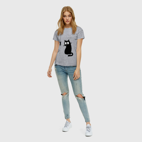 Женская футболка хлопок Кот и рыба, цвет меланж - фото 5