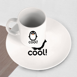 Набор: тарелка кружка с принтом Стильный клевый крутой пингвин для любого человека, вид спереди №3. Цвет основы: белый