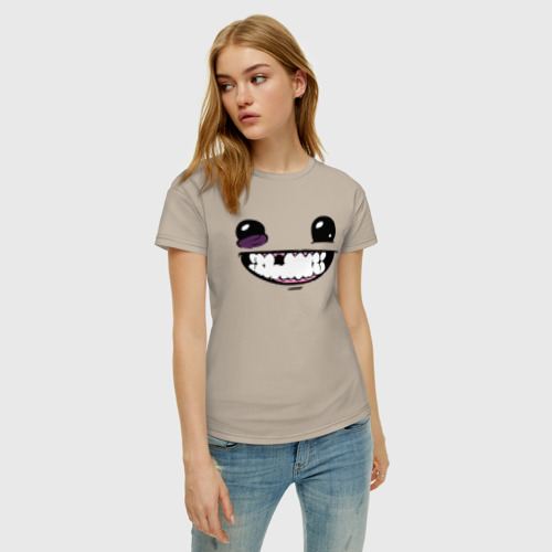 Женская футболка хлопок с принтом Super Meat Boy: Face, фото на моделе #1