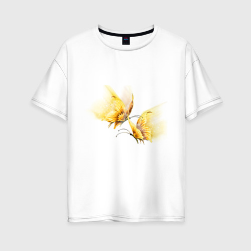 Женская футболка из хлопка оверсайз с принтом Золотые бабочки, вид спереди №1