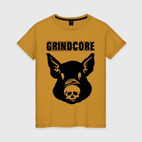 Женская футболка хлопок Grindcore pig, цвет горчичный