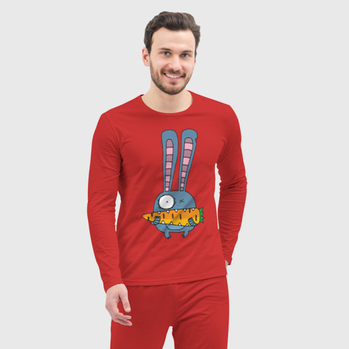 Мужская пижама с лонгсливом хлопок Заяц с морковкой, цвет красный - фото 5