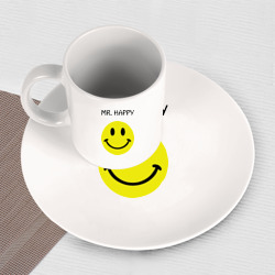 Набор: тарелка кружка с принтом Мистер счастье для любого человека, вид спереди №3. Цвет основы: белый