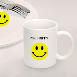 Набор: тарелка кружка с принтом Мистер счастье для любого человека, вид спереди №2. Цвет основы: белый