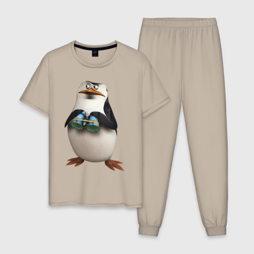 Мужская пижама хлопок Пингвин с биноклем, цвет миндальный