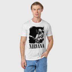 Футболка с принтом nirvana kurt cobain для мужчины, вид на модели спереди №2. Цвет основы: белый