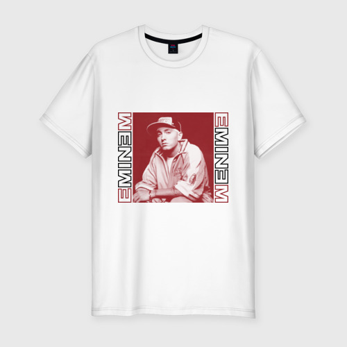 Мужская приталенная футболка из хлопка с принтом Eminem в кепке, вид спереди №1