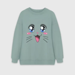 Женский свитшот oversize без начеса хлопок Японская кошечка