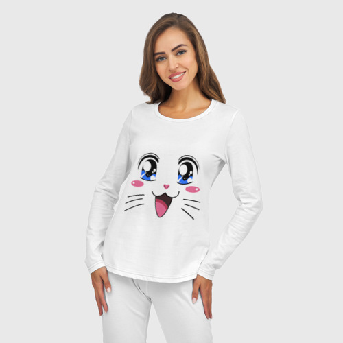 Женская пижама с лонгсливом хлопок Японская кошечка, цвет белый - фото 5