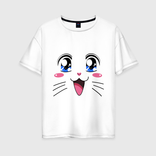 Женская футболка хлопок Oversize Японская кошечка, цвет белый