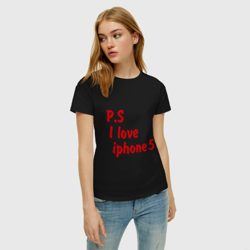 Женская футболка хлопок P.S I love iphon 5, цвет черный - фото 3