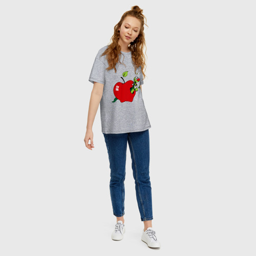 Женская футболка хлопок Oversize Яблочко с червячком, цвет меланж - фото 5